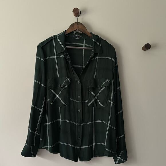 SANCTUARY HUNTER GREEN PLAID BUTTON DOWN BLOUSE SIZE LARGE - Picture 1 of 6